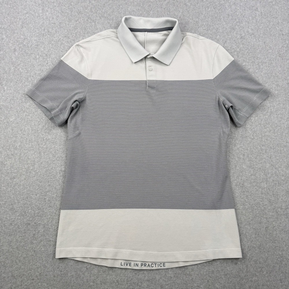 Lululemon Shirt Mens Medium Gray Cream Striped Tech Pique Short Sleeve Golf